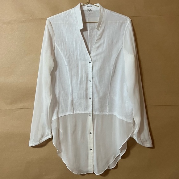 Helmut Lang | Element Sheer Hem Silk Button Front Shirt Combo Top White Size M - Picture 1 of 16